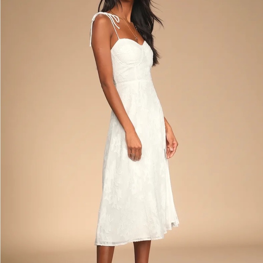 Loveliest Looks White Floral Jacquard Tie-Strap Midi Dress